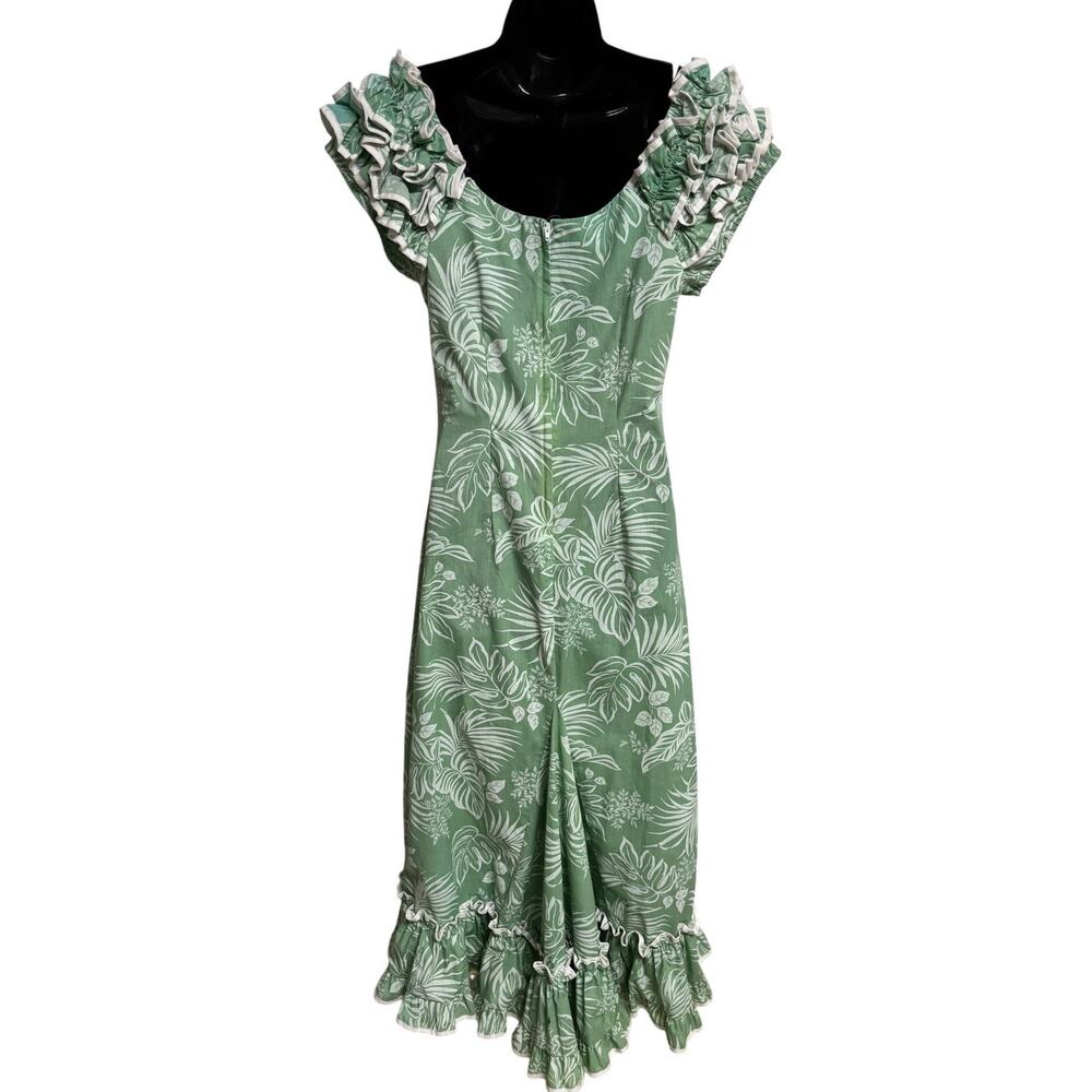 KY’S Muumuu Dress Small Green White Hawaiian Ruffle Sleeve Maxi Tropical EUC - Picture 7 of 10